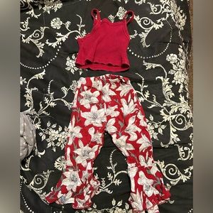 Size 80 baby girl outfit. Floral print flare pants, with matching crop top tank